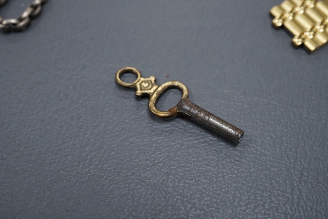 A late Victorian silver open faced keywind pocket watch, together with a Waltham gold plated pocket watch and six other items.
